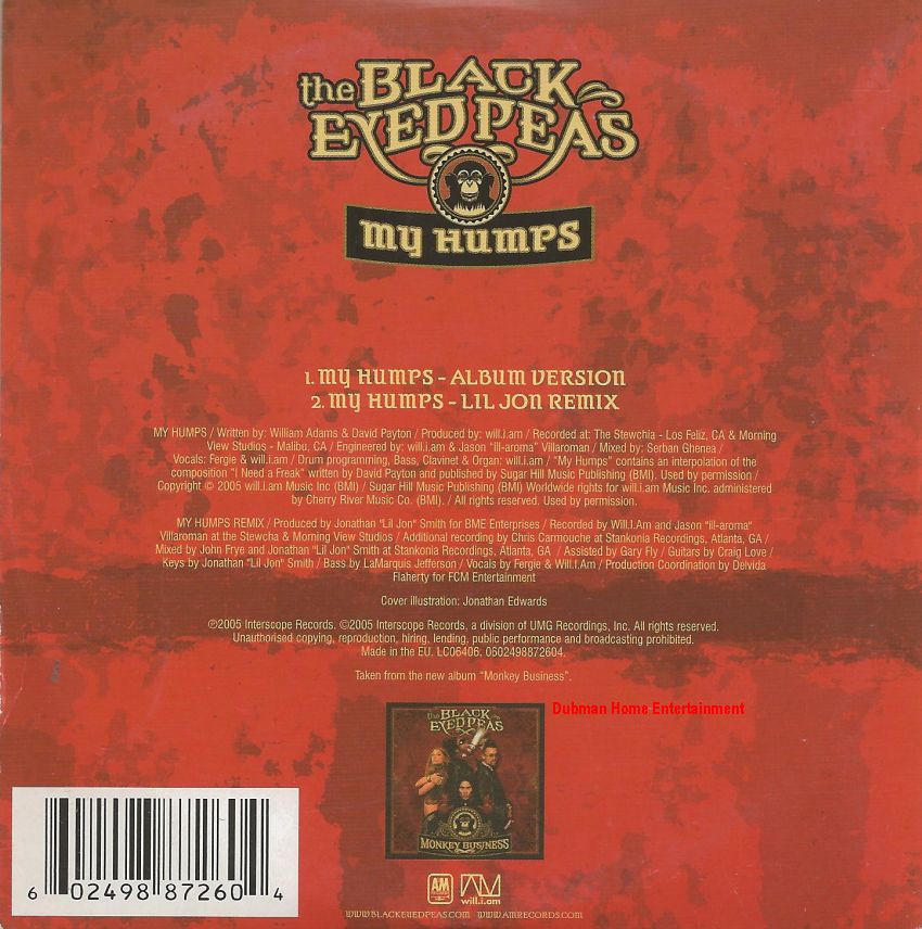 Black Eyed Peas My Humps 2 track cd single Dubman Home Entertainment